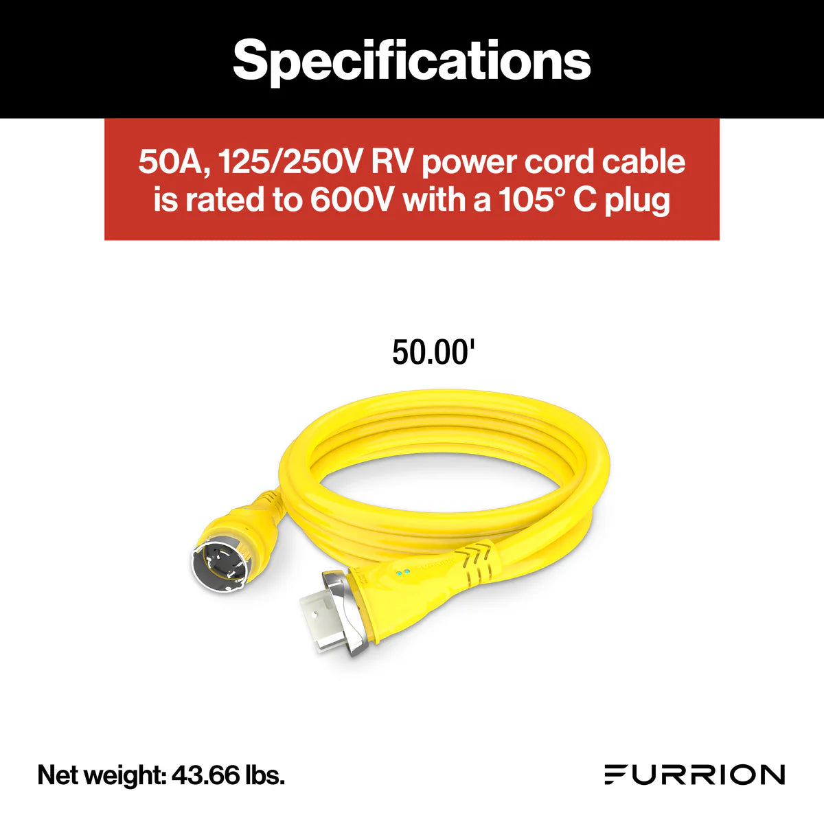 Furrion Marine Powersmart™ 50' RV Power Cord - 50A, 125/250V, Yellow #F50250-SY-AM  2021123650