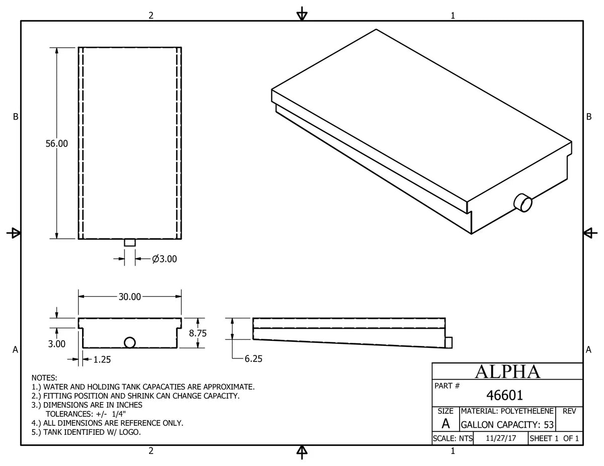 Alpha Waste Holding Tank 53 Gal. 56 x 30 x 8-3/4 End Drain 466001CD