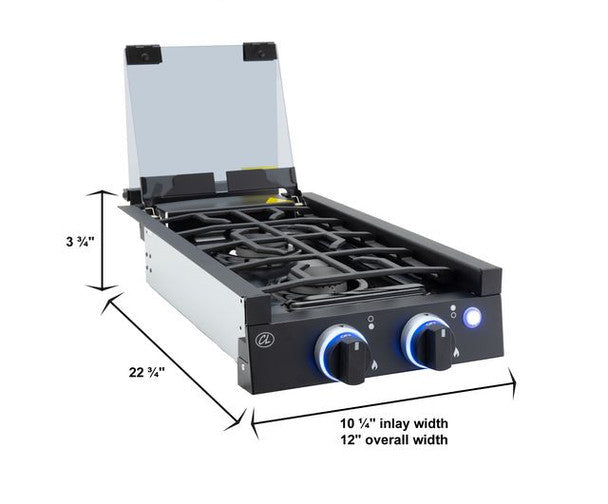RV Two Burner Gas Cooktop with Cover by CL (Direct Replacement for Greystone) CL-CT-12-2B-BK