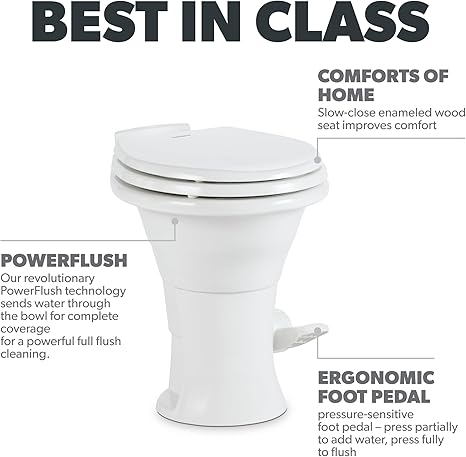 Dometic RV Toilet 310 Series Gravity Flush Round Toilet w/Soft Close Seat/Foot Pedal White - DOM302310081