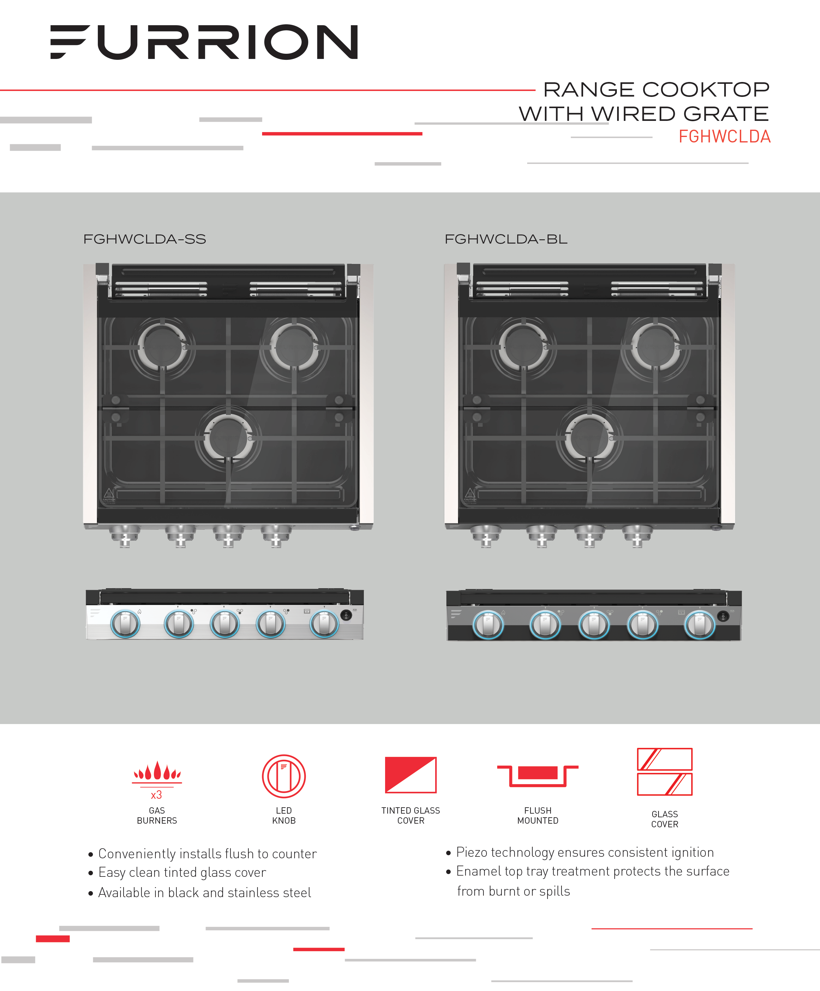 Furrion 3-Burner Gas RV Cooktop with Glass Cover - 20" Black, Rocker Switch #FGHWCLDA-BL