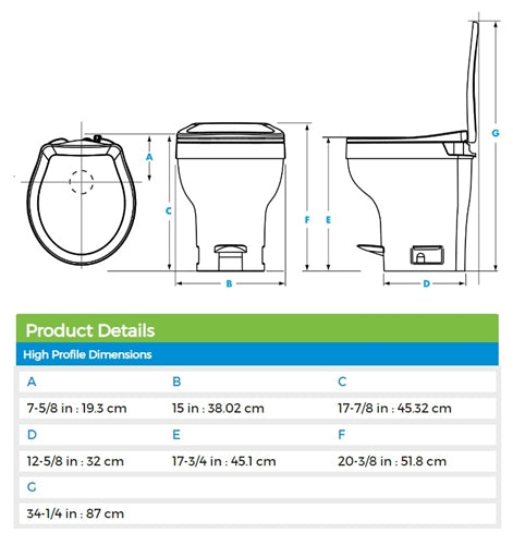 Thetford 31835 Aqua-Magic VI Permanent Slow Close RV Toilet High Profile w/Foot Pedal White