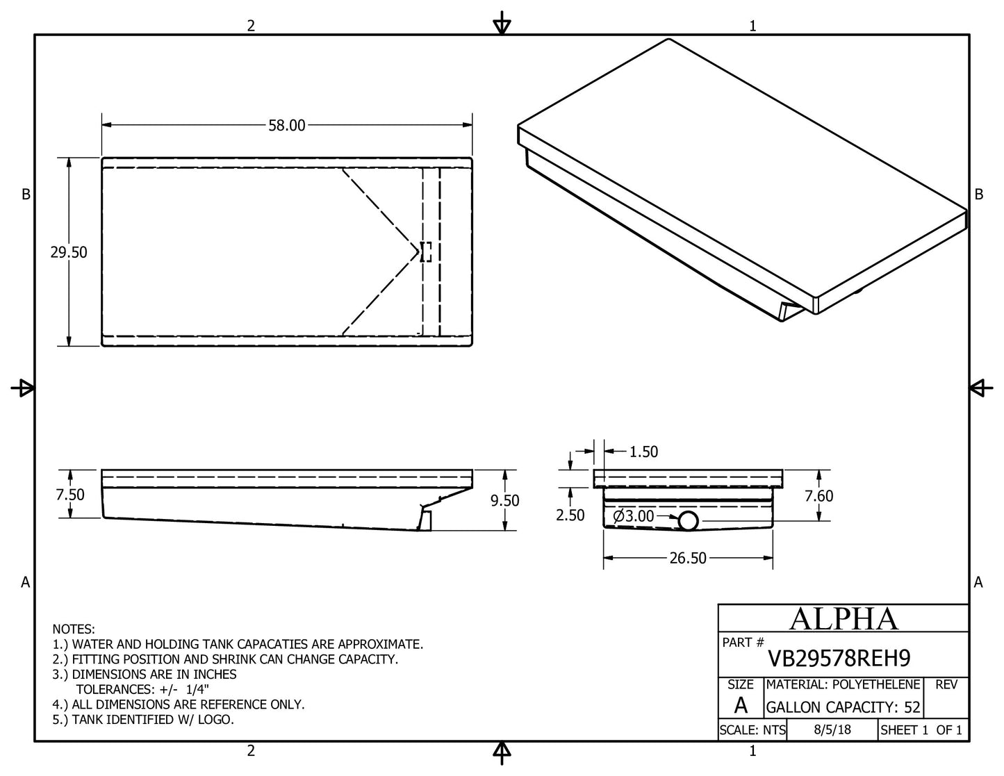 Alpha Waste Holding Tank 52 Gal. 57 x 29 x 8 End Drain VB29578REH9FR