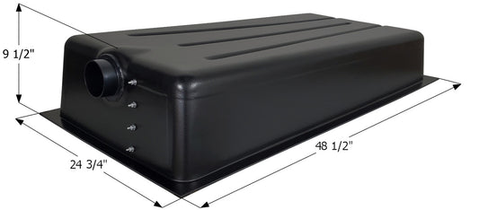 Black rectangular plastic tank with dimensions 