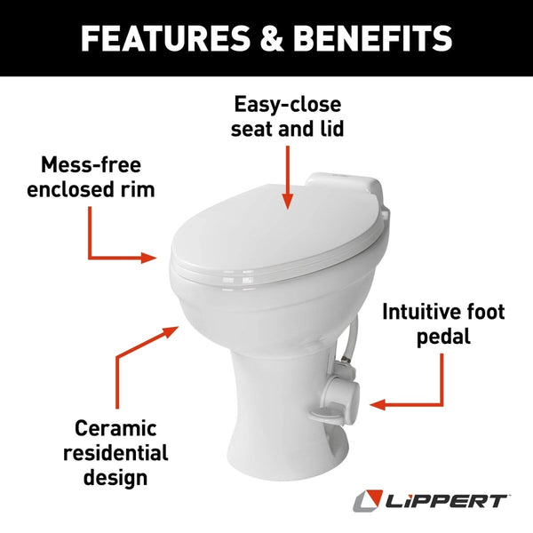 Lippert Flow Max RV Toilet Elongated Porcelain w/Foot Flush White LIP2022113192