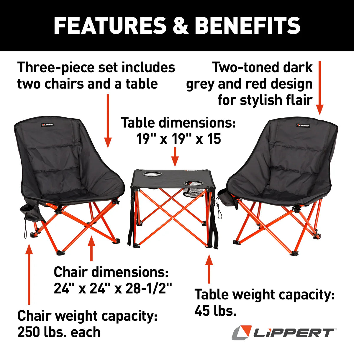 Lippert Baja Overlanding Chair & Table Set - Dark Grey / Red #2023053719