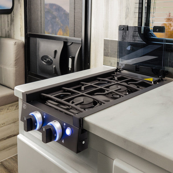 RV Two Burner Gas Cooktop with Cover by CL (Direct Replacement for Greystone) CL-CT-12-2B-BK