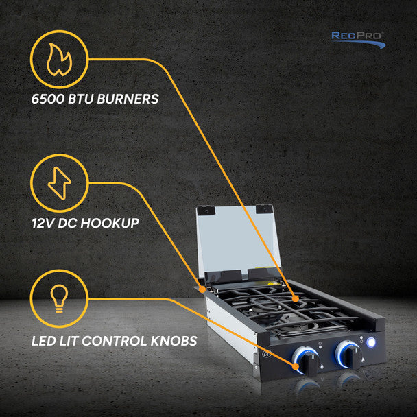 RV Two Burner Gas Cooktop with Cover by CL (Direct Replacement for Greystone) CL-CT-12-2B-BK