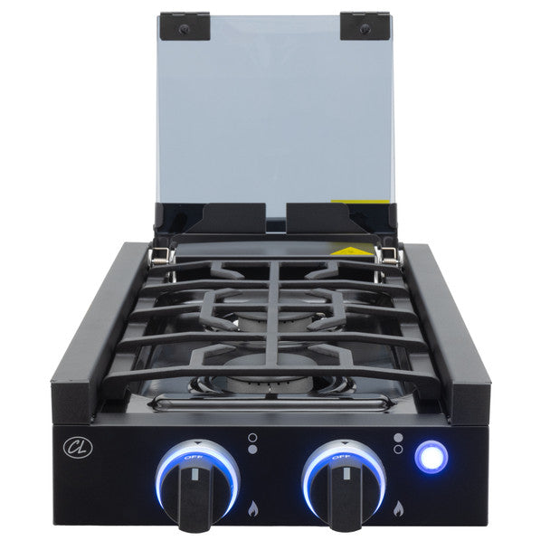RV Two Burner Gas Cooktop with Cover by CL (Direct Replacement for Greystone) CL-CT-12-2B-BK