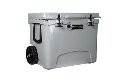Gray cooler with wheels on a white background