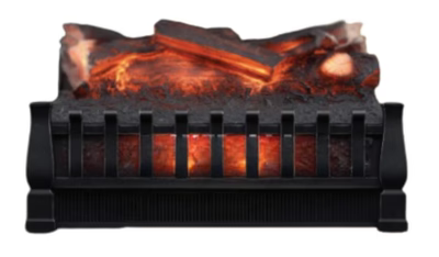 Black electric fireplace insert with glowing embers on a white background