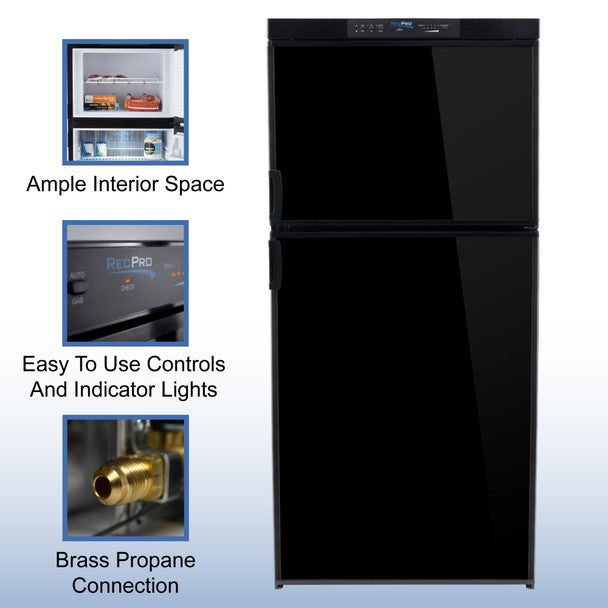 RV Refrigerator 6.3 Cubic Feet 3-Way Gas and Electric - Black or Stainless Steel