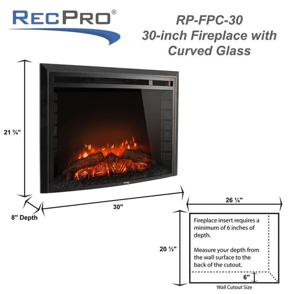 RV 30" Electric Curved Glass Fireplace (26" Cutout)  RP-FPC-30