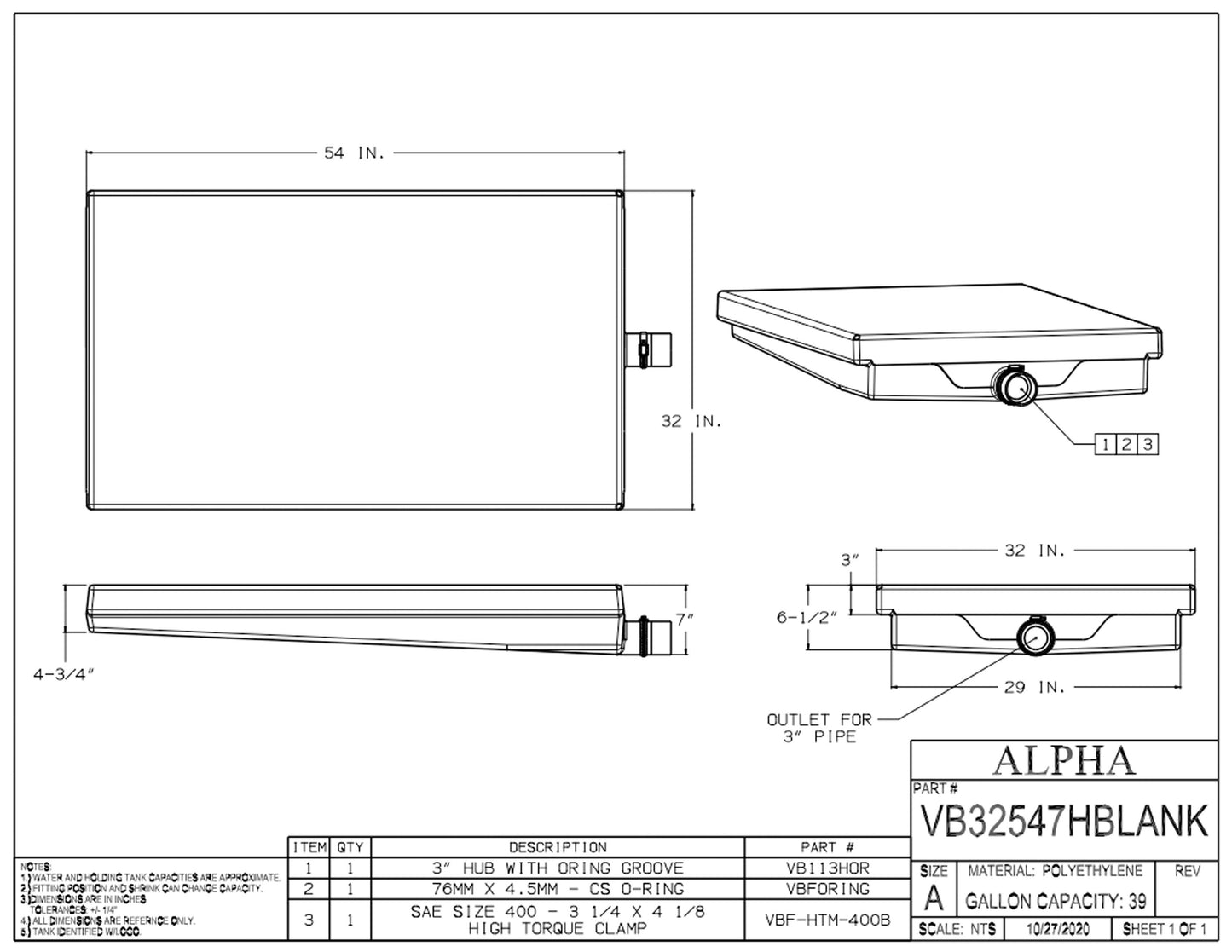 Alpha Waste Holding Tank 39 Gal. 54 x 32 x 7 End Drain VB32547HFR10C